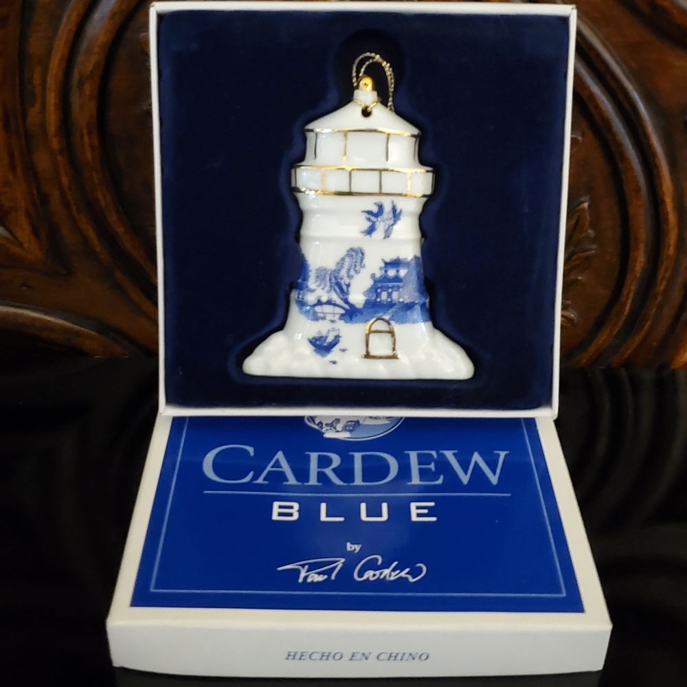 1999 Porcelain Cardew Blue 3 3/8" Lighthouse Ornament Gold Accent Boxed